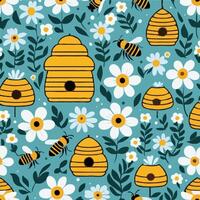 bees and beehives in a floral pattern vector