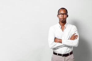 Portrait of a confident black business man looking at camera with copy space. photo
