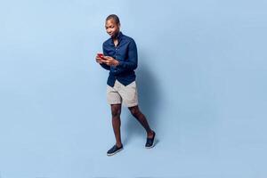 Go walking of a black man watch viral in a smartphone technology concept. photo
