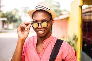 portrait of traveler man with eyeglasses perfect smile. photo