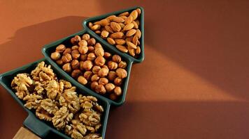 different types of nuts, Various snacks for the New Year table in a plate in the shape of a Christmas tree. photo