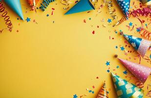 Colorful party hats and festive decorations on a bright yellow background for celebration time photo