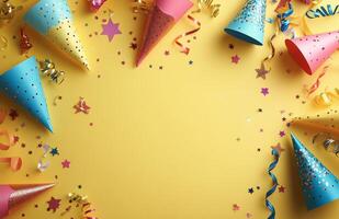 Colorful party hats and festive decorations on a bright yellow background for celebration time photo