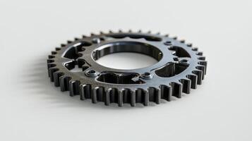 Rusty gears arranged in a decorative pattern on a white background creating an industrial look photo