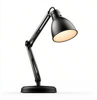 A black desk lamp with an adjustable arm placed on a plain white background showcasing modern design photo
