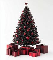 A beautifully decorated Christmas tree with red ornaments and wrapped gifts beneath it photo