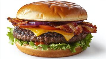 Juicy bacon cheeseburger with fresh vegetables served on a toasted bun photo