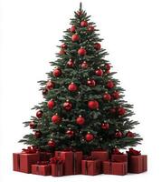 Festive Christmas tree decorated with red ornaments and surrounded by beautifully wrapped gifts photo