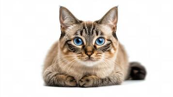A playful cat with striking blue eyes relaxing on a white background indoors photo