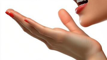 A woman blowing a kiss with vibrant red nails against a white background photo