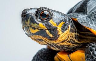 Close-up view of a colorful tortoise showcasing intricate patterns and textures in detail photo