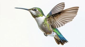 A vibrant hummingbird hovering in midair with colorful feathers against a white background photo