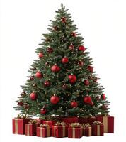Festive Christmas tree decorated with red ornaments and surrounded by beautifully wrapped gifts photo