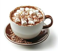 Cozy cup of hot chocolate topped with marshmallows on a white background photo