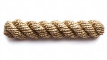 A close-up view of twisted natural fiber rope lying on a plain white background photo