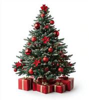 Beautifully decorated Christmas tree with red ornaments and presents beneath, ready for celebration photo