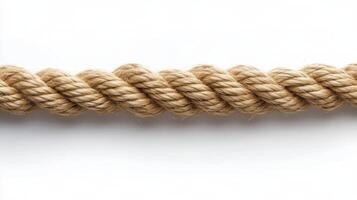 A close-up view of twisted natural fiber rope lying on a plain white background photo
