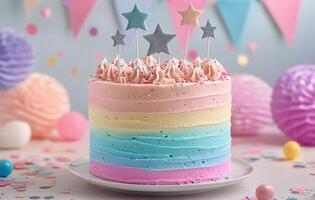 Colorful layered cake decorated with stars and pastel accents at a cheerful celebration photo