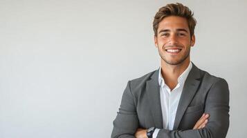 Young man in a smart suit smiles confidently with arms crossed against a plain background photo