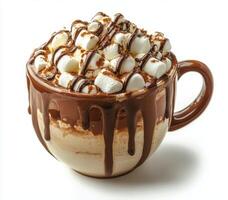 Cozy cup of hot chocolate topped with marshmallows on a white background photo
