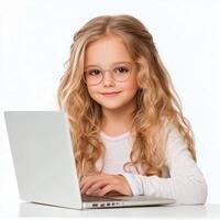 Young girl celebrating in front of a laptop while wearing a cozy pink sweater indoors photo