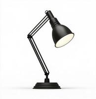 A black desk lamp with an adjustable arm placed on a plain white background showcasing modern design photo