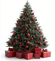 A beautifully decorated Christmas tree with red ornaments and wrapped gifts beneath it photo