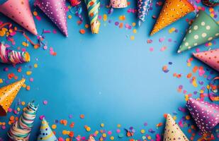 Festive celebration decorations spread across a vibrant blue background with confetti and party hats photo