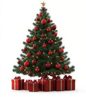 Beautifully decorated Christmas tree with red ornaments and presents beneath, ready for celebration photo