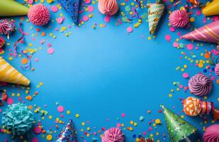 Festive celebration decorations spread across a vibrant blue background with confetti and party hats photo