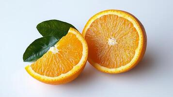Freshly sliced orange and green leaves displayed on a white background highlighting vibrant colors photo