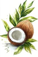 Fresh coconut and green leaves illustrated against a colorful, textured background photo