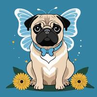 pug with butterfly wings and flowers vector