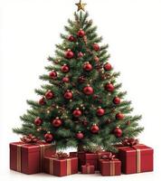 Festive Christmas tree decorated with red ornaments and surrounded by beautifully wrapped gifts photo