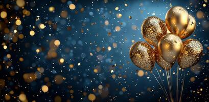 Golden balloons against a shimmering blue background with festive bokeh lights during a celebration photo