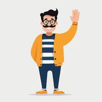 Cartoon man with glasses and a mustache waving vector