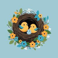 two birds in a nest with flowers and leaves vector
