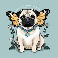 pug dog with butterfly wings and flowers vector