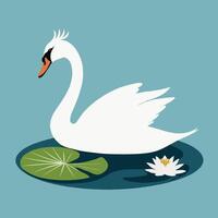 White swan is floating in a pond with a lily pad vector