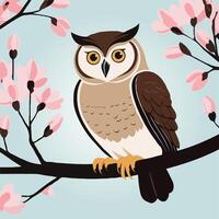 Owl sits on a branch with pink flowers vector