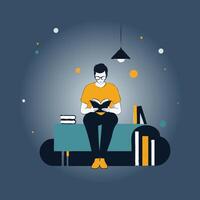 man reading book on couch with lamp vector
