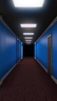 Long corridor with doors and darkness at end. Animation. Moving forward into final darkness of long corridor with doors and linear lamps. Frightening corridor in game video