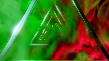 Green and pink smoke near the triangle tunnel. Design. Golden triangles standing on which a bright spray of multicolored colors falls in animation. video