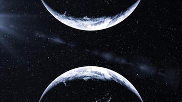 Rotating planet with its reflection. Motion. Illuminated with blue light in animation and its reflection and surrounded by stars. video