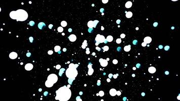 Flow of balls from point in space. Motion. Point stream with spreading balls on black background. Stream of balls moves to spatial point video