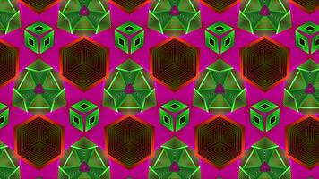 Bright flashing pattern of geometric shapes. Motion. Acid flashing pattern with repeating geometric shapes. Neon psychedelic figures blink in bright animated background video