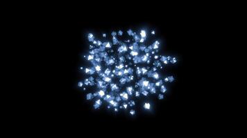 Stream of moving shimmering particles from point. Motion. Slow explosion with crystal particles shining on black background. Crystal molecules propagating from point in space video