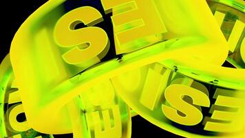 Background in 3d animation. Design. The ribbon is purple and yellow with large English letters moving rapidly in a circle. video