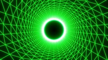 Flying inside neon striped circular tunnel with a dark pulsating sphere in the end. Motion. Endless digital journey. video
