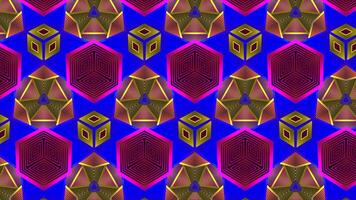 Bright flashing pattern of geometric shapes. Motion. Acid flashing pattern with repeating geometric shapes. Neon psychedelic figures blink in bright animated background video